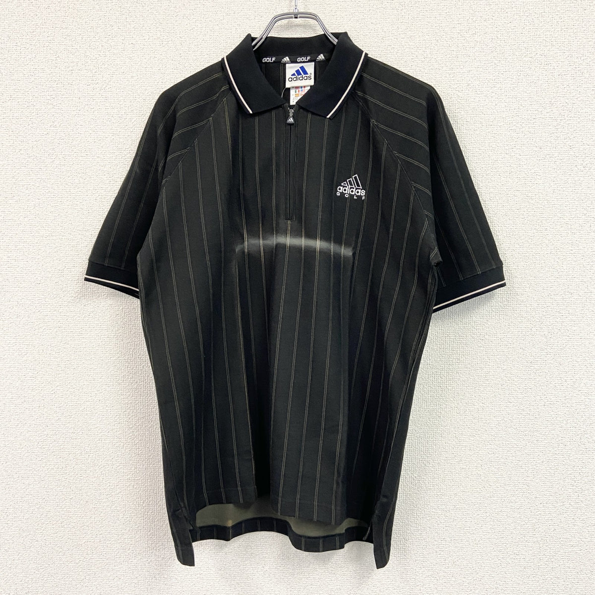 90s　adidas　アディダス　半袖ハーフジップポロシャツ　ストライプ柄　デッドストック　万国旗　黒　ブラック　Lサイズ　古着