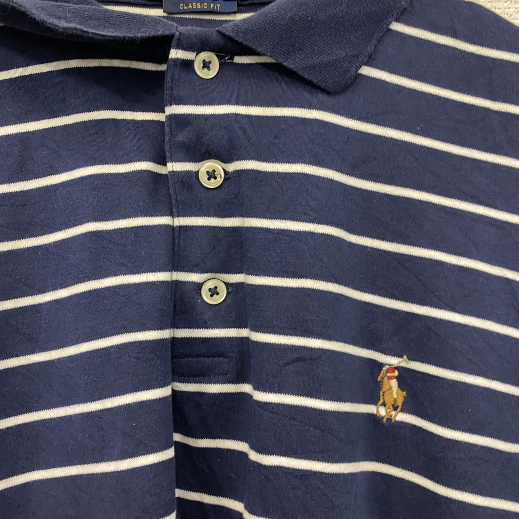 POLO RALPH LAUREN　ラルフローレン　半袖ポロシャツ　刺ロゴ　ボーダー柄　紺　ネイビー　Lサイズ　古着
