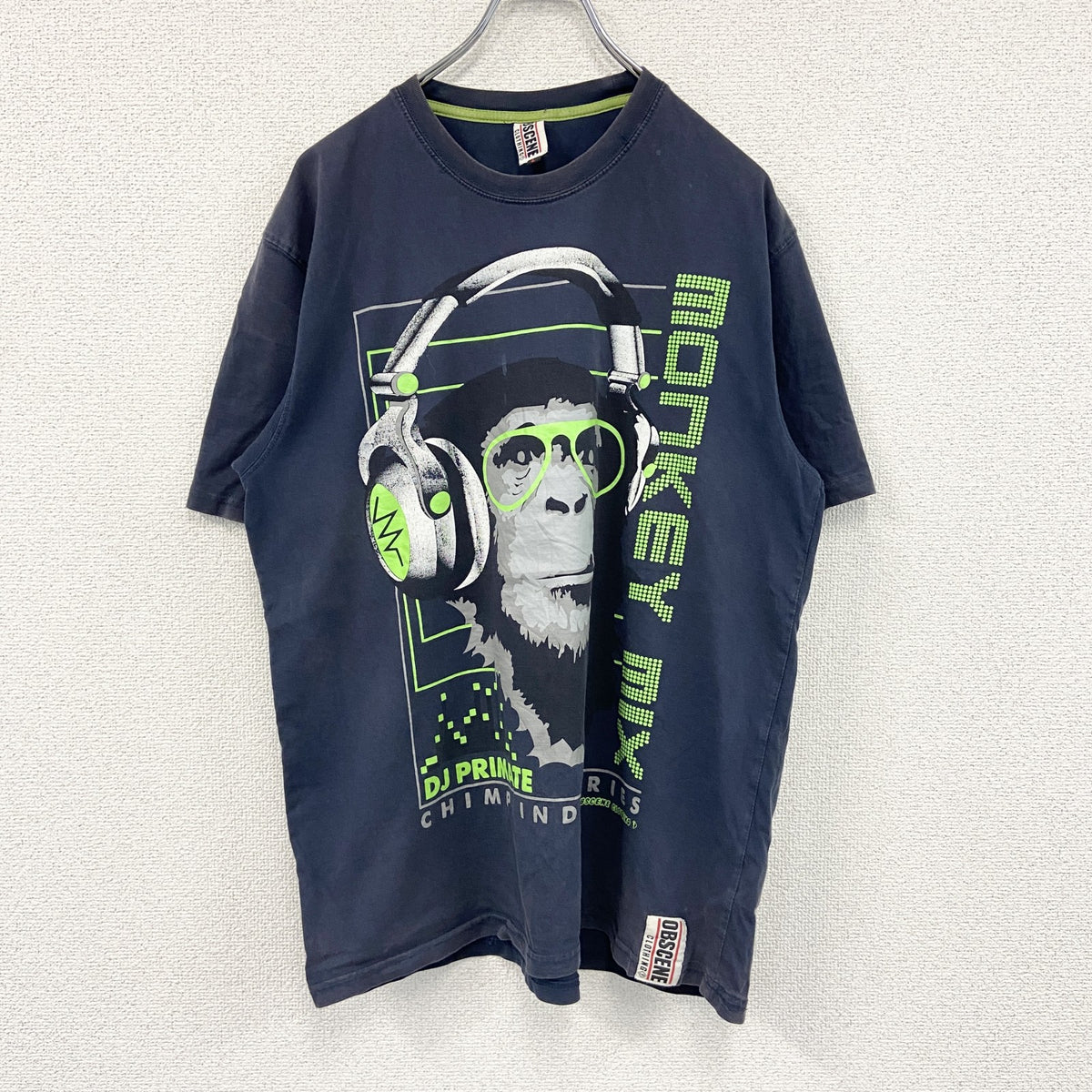 BSCENE　半袖プリントTシャツ　アニマルT　モンキー　DJ　紺　ネイビー　Lサイズ　古着