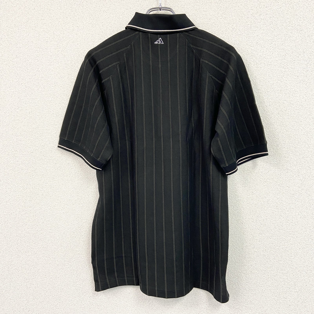 90s　adidas　アディダス　半袖ハーフジップポロシャツ　ストライプ柄　デッドストック　万国旗　黒　ブラック　Lサイズ　古着