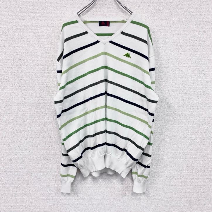 90s　ROBE DI KAPPA　カッパ　Vネックコットンニットセーター　ヴィンテージ　ボーダー柄　ホワイト　グリーン　XXXLサイズ　古着
