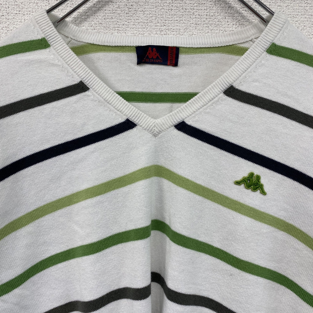 90s　ROBE DI KAPPA　カッパ　Vネックコットンニットセーター　ヴィンテージ　ボーダー柄　ホワイト　グリーン　XXXLサイズ　古着