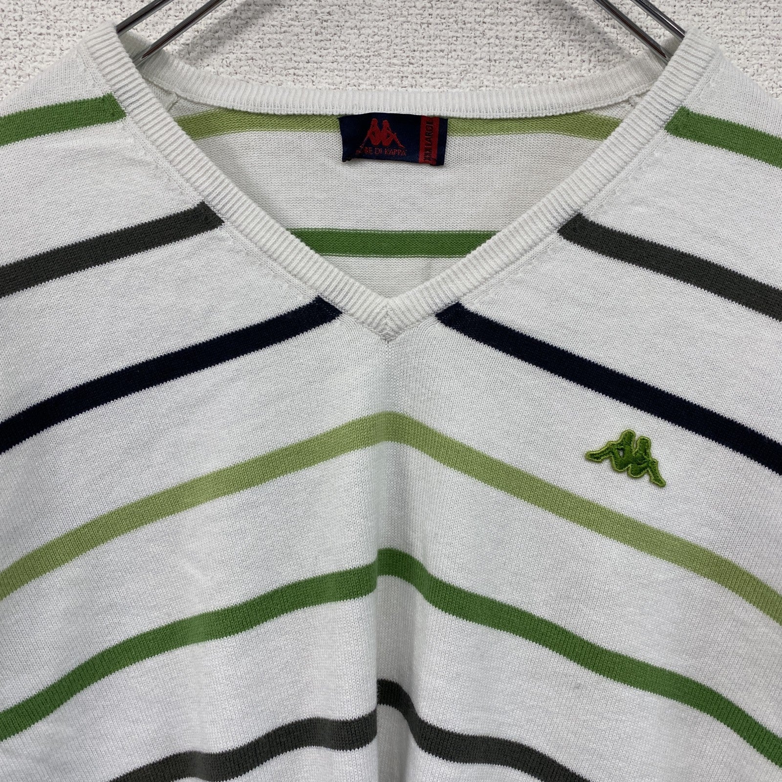 90s　ROBE DI KAPPA　カッパ　Vネックコットンニットセーター　ヴィンテージ　ボーダー柄　ホワイト　グリーン　XXXLサイズ　古着