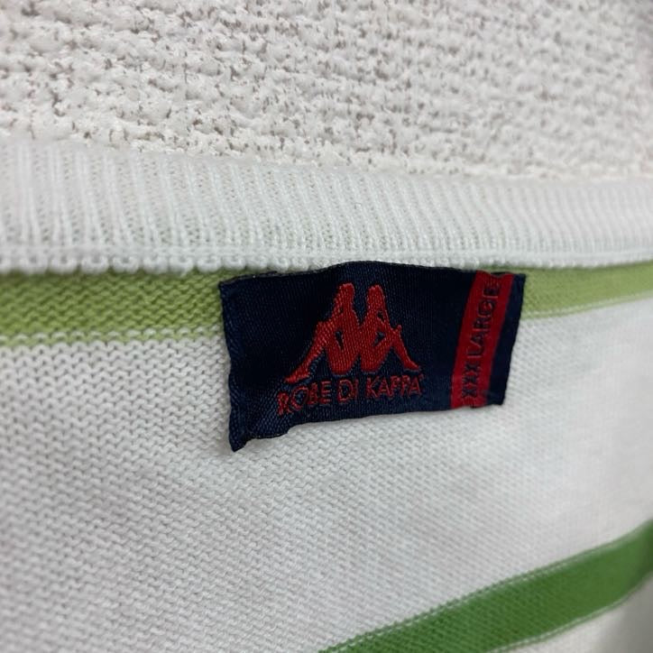 90s　ROBE DI KAPPA　カッパ　Vネックコットンニットセーター　ヴィンテージ　ボーダー柄　ホワイト　グリーン　XXXLサイズ　古着