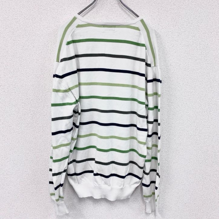 90s　ROBE DI KAPPA　カッパ　Vネックコットンニットセーター　ヴィンテージ　ボーダー柄　ホワイト　グリーン　XXXLサイズ　古着