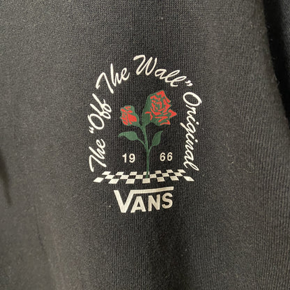 古着 used　Vans　バンズ　長袖ワンポイントパーカー　バックプリント　フーディー　レトロデザイン　ブラック　黒　Mサイズ