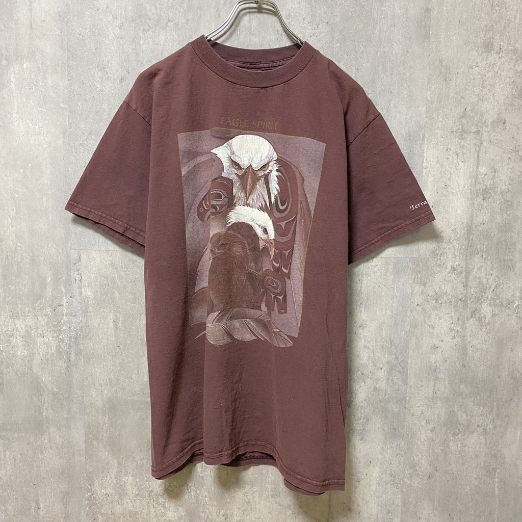 TULTEX　タルテックス　半袖アニマル柄プリントTシャツ　ワインレッド　鷹　鳥　レトロ　クルーネック　Mサイズ　古着