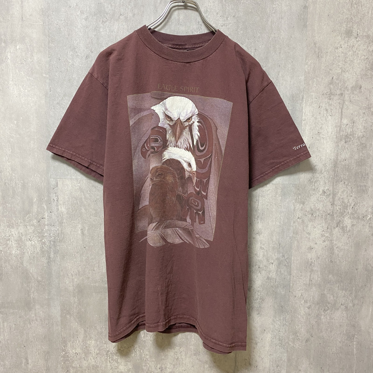 TULTEX　タルテックス　半袖アニマル柄プリントTシャツ　ワインレッド　鷹　鳥　レトロ　クルーネック　Mサイズ　古着