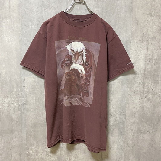 古着 used　TULTEX　タルテックス　半袖アニマル柄プリントTシャツ　ワインレッド　鷹　鳥　レトロ　クルーネック　Mサイズ