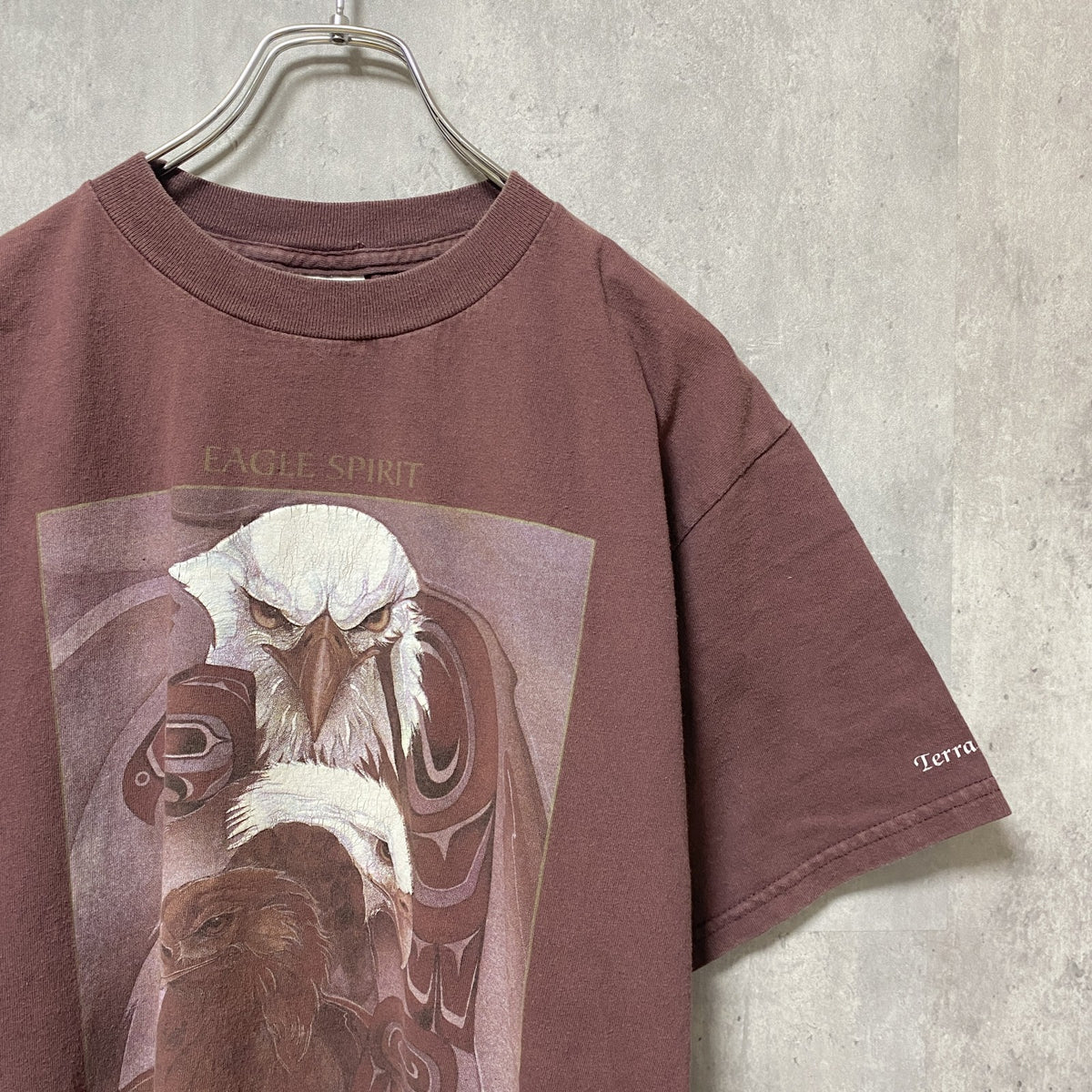 TULTEX　タルテックス　半袖アニマル柄プリントTシャツ　ワインレッド　鷹　鳥　レトロ　クルーネック　Mサイズ　古着
