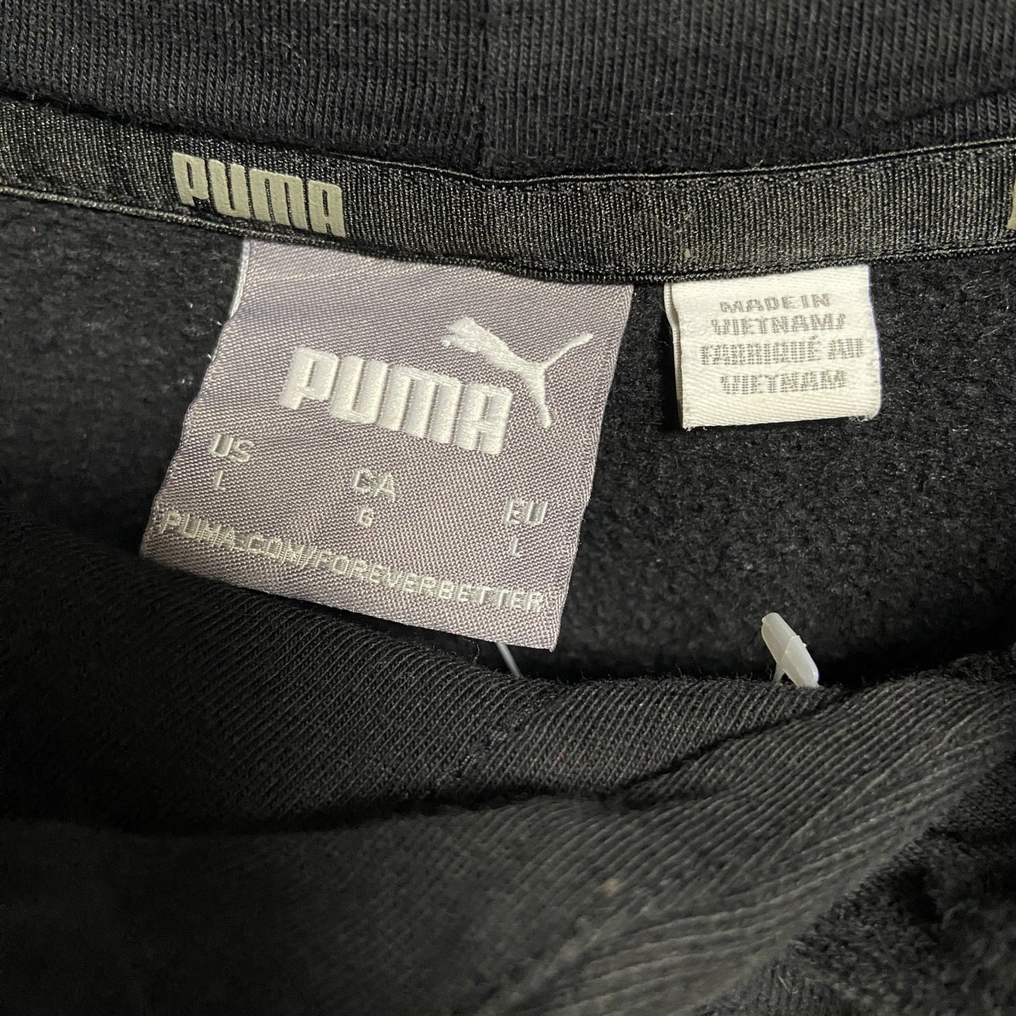 古着 used　PUMA　プーマ　長袖ワンポイントプリントパーカー　スウェットフーディー　袖ロゴ　黒　ブラック　秋冬服　Lサイズ