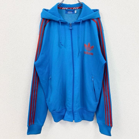 古着 used　adidas　アディダス　デカロゴジャージパーカー　トラックジャケット　フーディ　袖ライン　青　XLサイズ