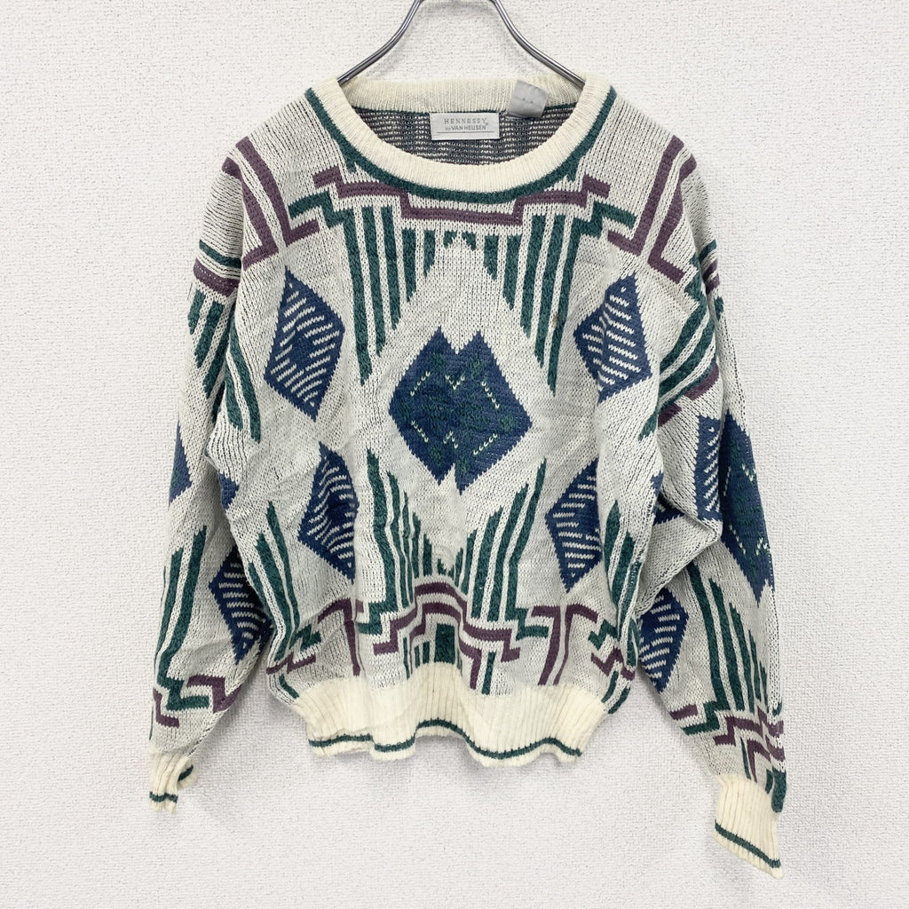 ～90s　HENNESSY　アクリルニットセーター　ヴィンテージ　総柄　マルチカラー　Mサイズ　古着