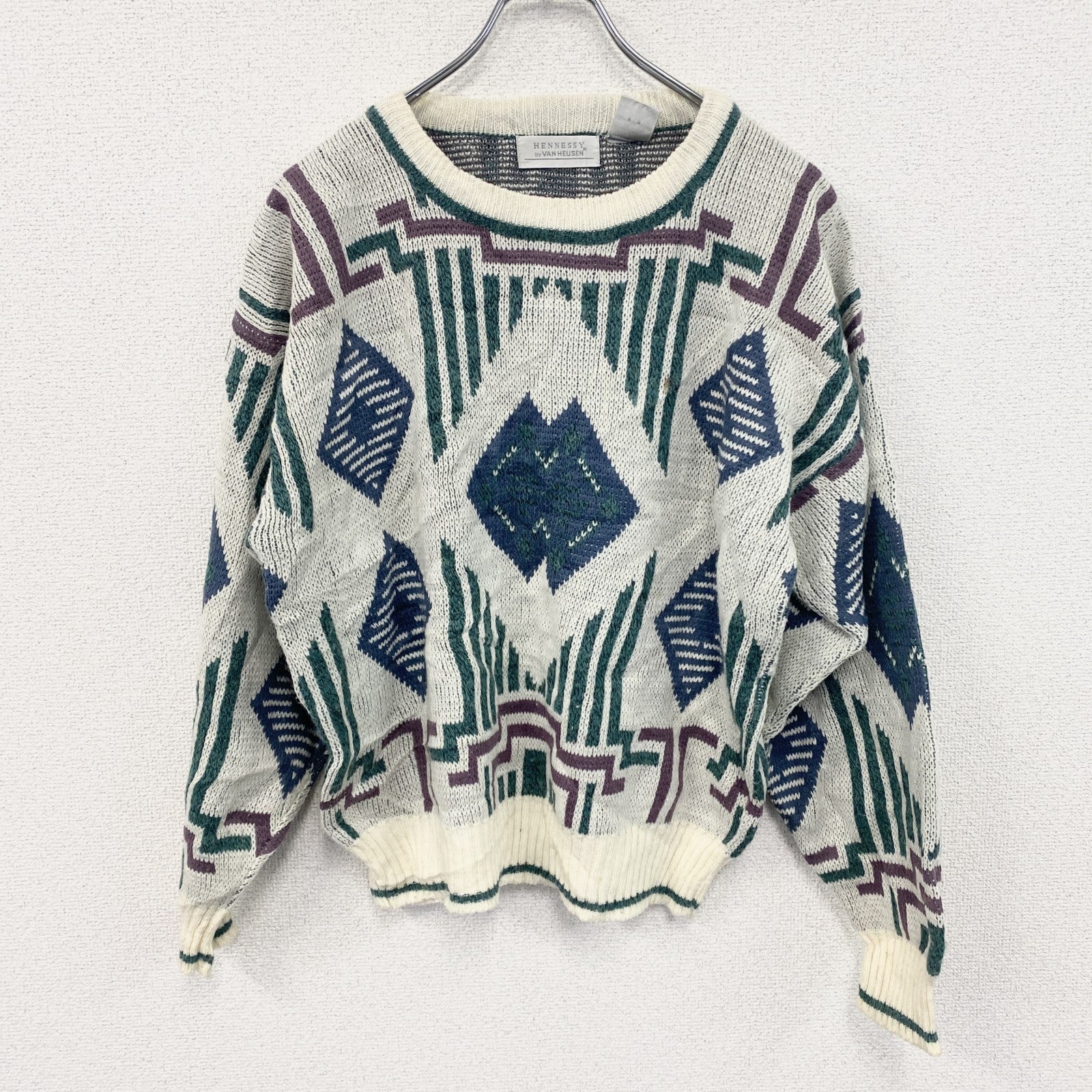 ～90s　HENNESSY　アクリルニットセーター　ヴィンテージ　総柄　マルチカラー　Mサイズ　古着