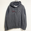FILA　フィラ　スウェットパーカー/フーディー　デカロゴ　ワッペン　ダークグレー　XLサイズ　古着