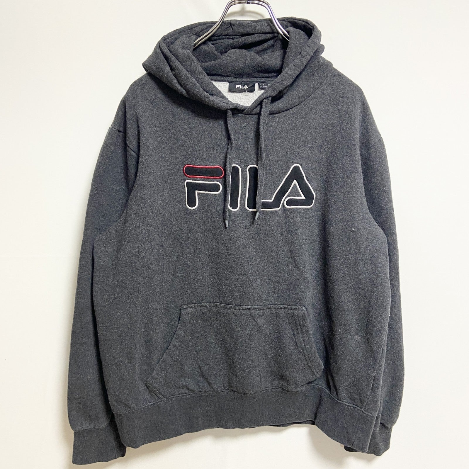 FILA　フィラ　スウェットパーカー/フーディー　デカロゴ　ワッペン　ダークグレー　XLサイズ　古着