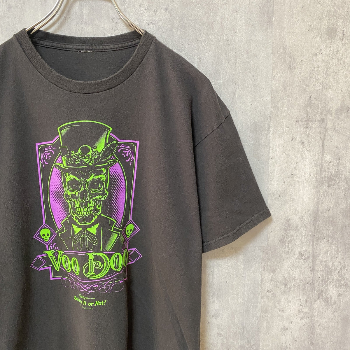 ブードゥ教　Voo Doo　半袖プリントTシャツ　スカル　ドクロ柄　黒　ブラック　レトロデザイン　クルーネック　古着