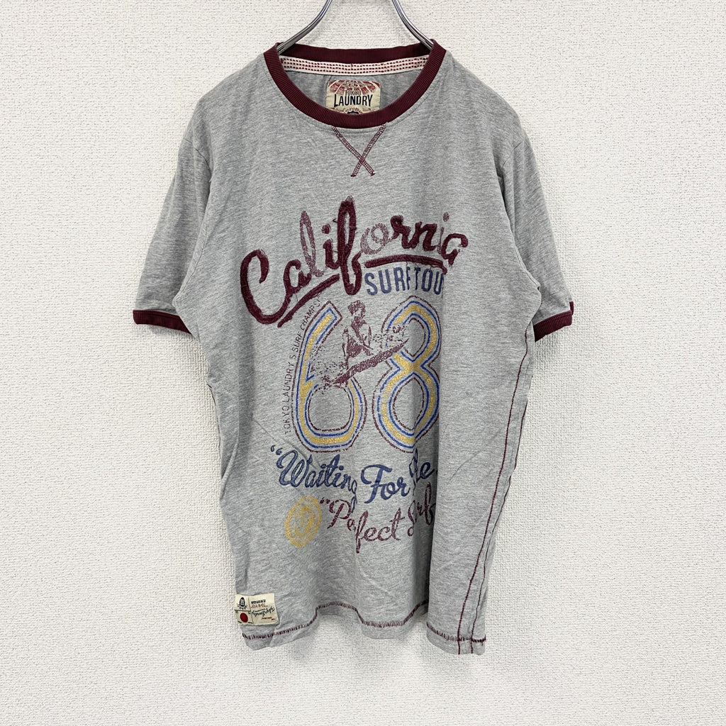 LAUNDRY　半袖リンガーTシャツ　シングルステッチ　前V　灰色　グレー　Lサイズ　古着