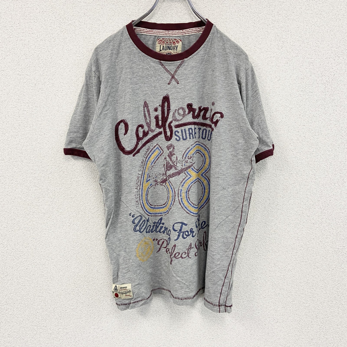 LAUNDRY　半袖リンガーTシャツ　シングルステッチ　前V　灰色　グレー　Lサイズ　古着