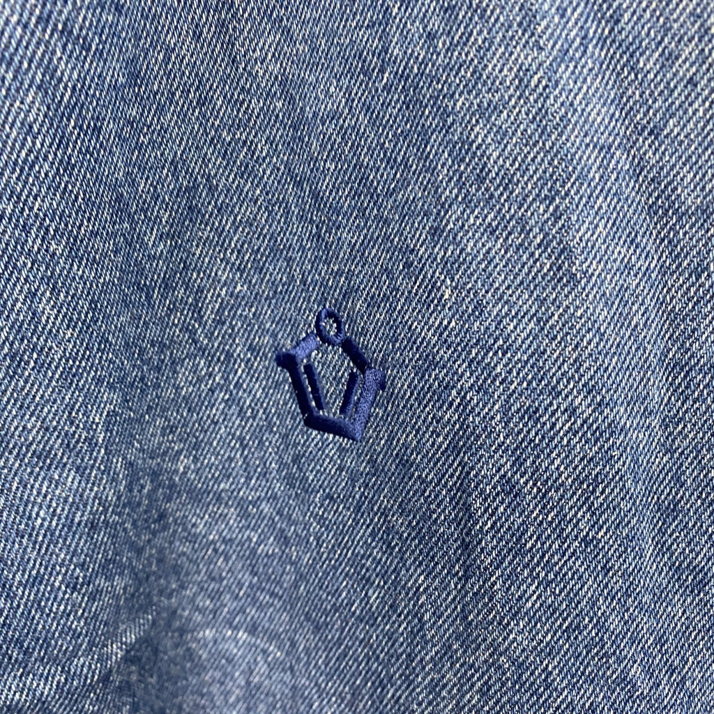 90s～　GEAR FOR SPORTS　デニムスタジャン/スタジアムジャケット　ハの字ポケット　刺繍ロゴ　ヴィンテージ　インディゴ　ベージュ　Lサイズ　古着