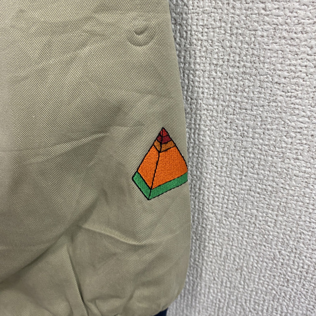 90s～　GEAR FOR SPORTS　デニムスタジャン/スタジアムジャケット　ハの字ポケット　刺繍ロゴ　ヴィンテージ　インディゴ　ベージュ　Lサイズ　古着