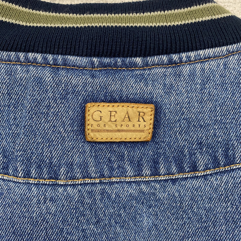 90s～　GEAR FOR SPORTS　デニムスタジャン/スタジアムジャケット　ハの字ポケット　刺繍ロゴ　ヴィンテージ　インディゴ　ベージュ　Lサイズ　古着