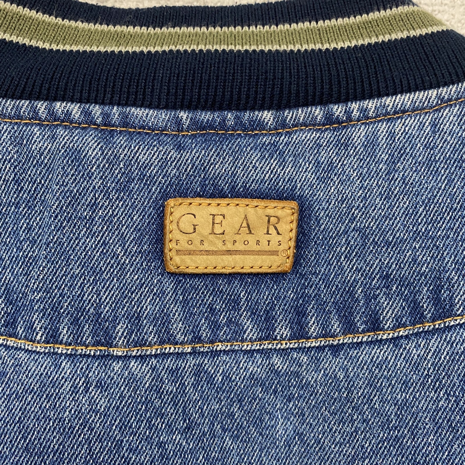 90s～　GEAR FOR SPORTS　デニムスタジャン/スタジアムジャケット　ハの字ポケット　刺繍ロゴ　ヴィンテージ　インディゴ　ベージュ　Lサイズ　古着