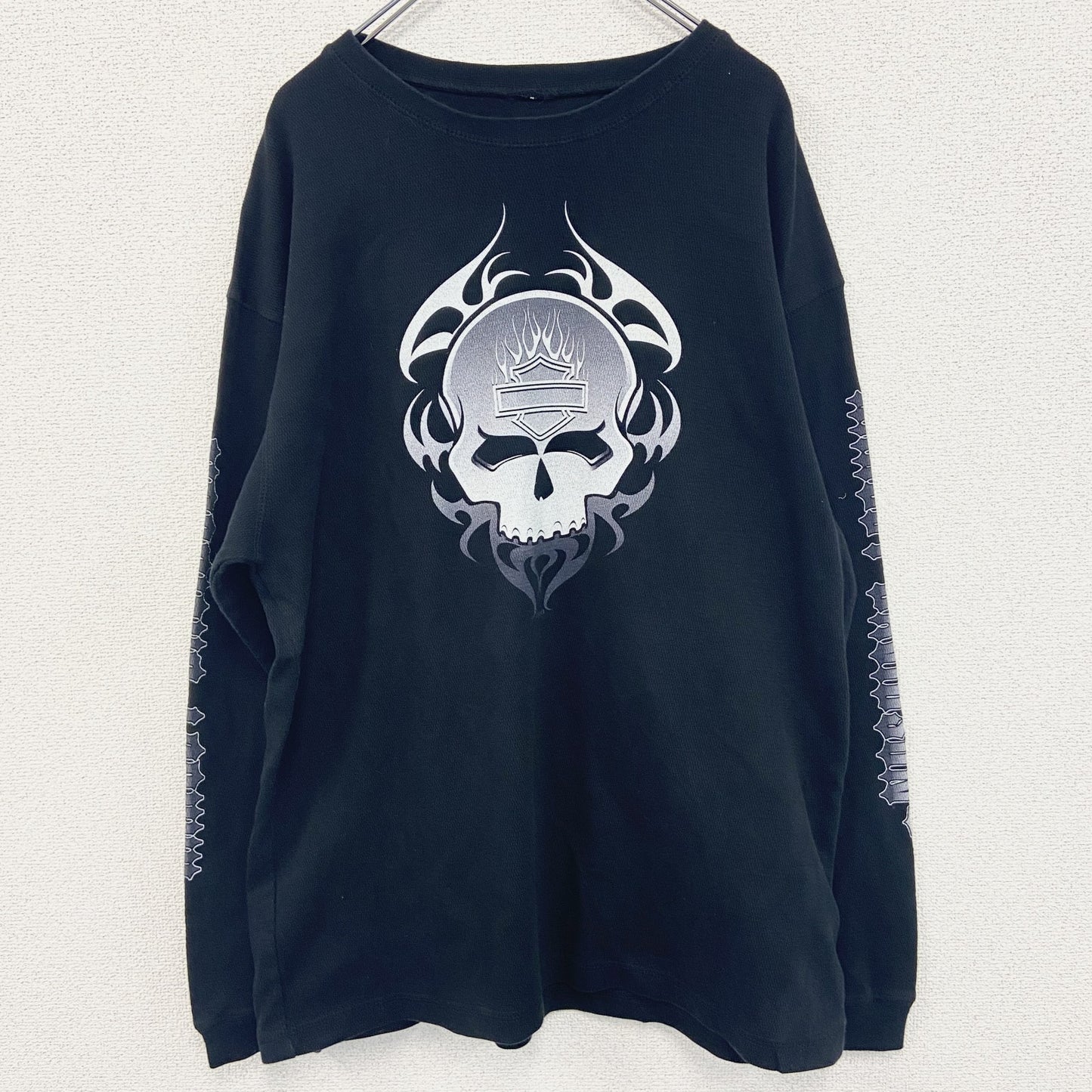 古着 used　HARLEY DAVIDSON　ハーレーダビッドソン　長袖Tシャツ　ドクロ　ファイヤーパターン　黒　ブラック