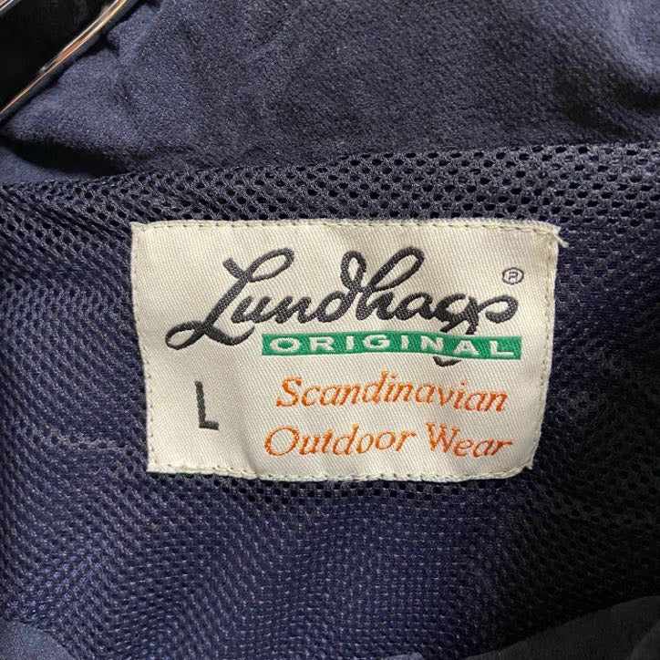 古着 used　Lundhags　長袖ワンポイントロゴ刺繍マウンテンパーカー　ワイヤー入りフード　ネイビー　秋冬服　Lサイズ