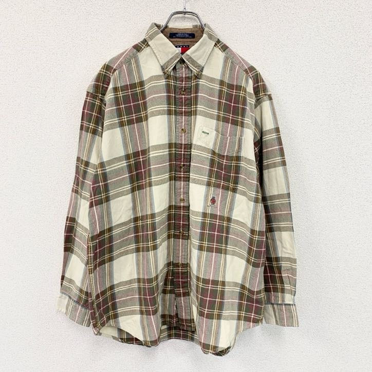TOMMY HILFIGER　トミーヒルフィガー　長袖ボタンダウンシャツ　チェック柄　マルチカラー　ベージュ　Mサイズ メンズ コットン 古着