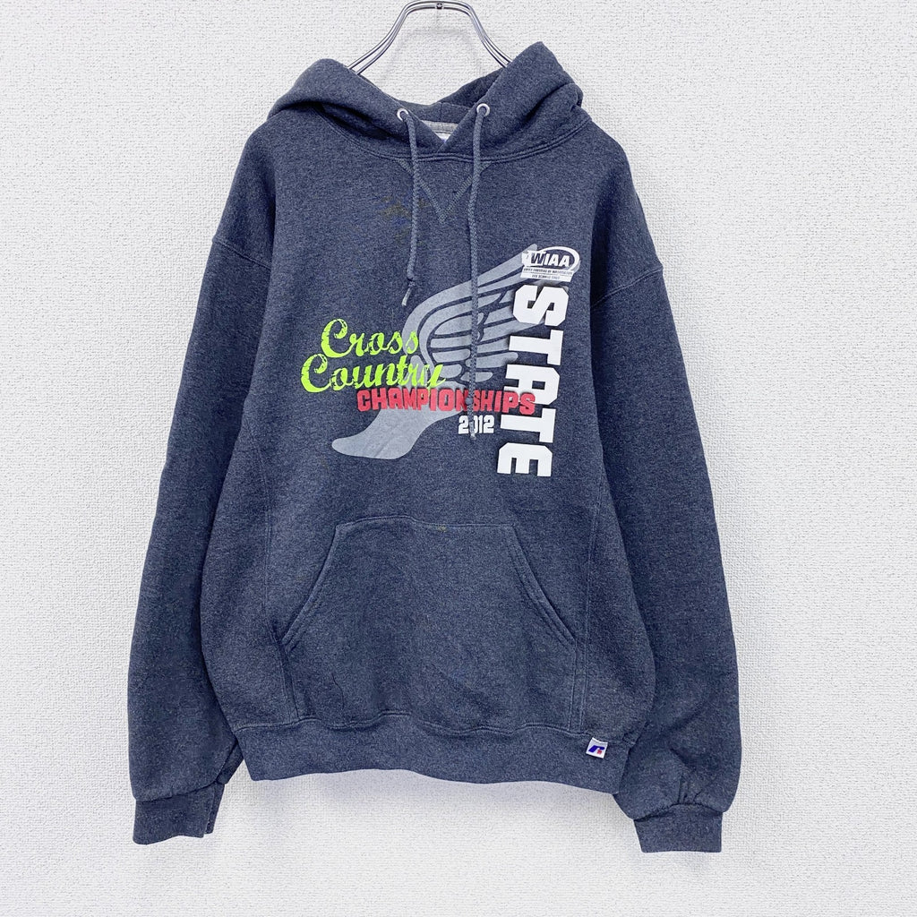 00s　RUSSELL　ラッセル　スウェットパーカー/フーディー　前V　クロスカントリー　ヴィンテージ　ダークグレー　Mサイズ　古着