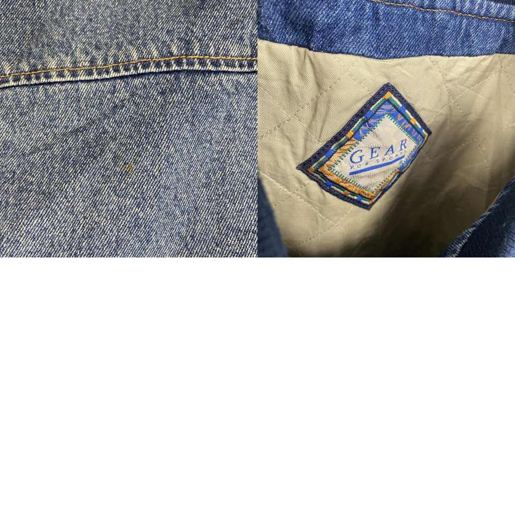 90s～　GEAR FOR SPORTS　デニムスタジャン/スタジアムジャケット　ハの字ポケット　刺繍ロゴ　ヴィンテージ　インディゴ　ベージュ　Lサイズ　古着