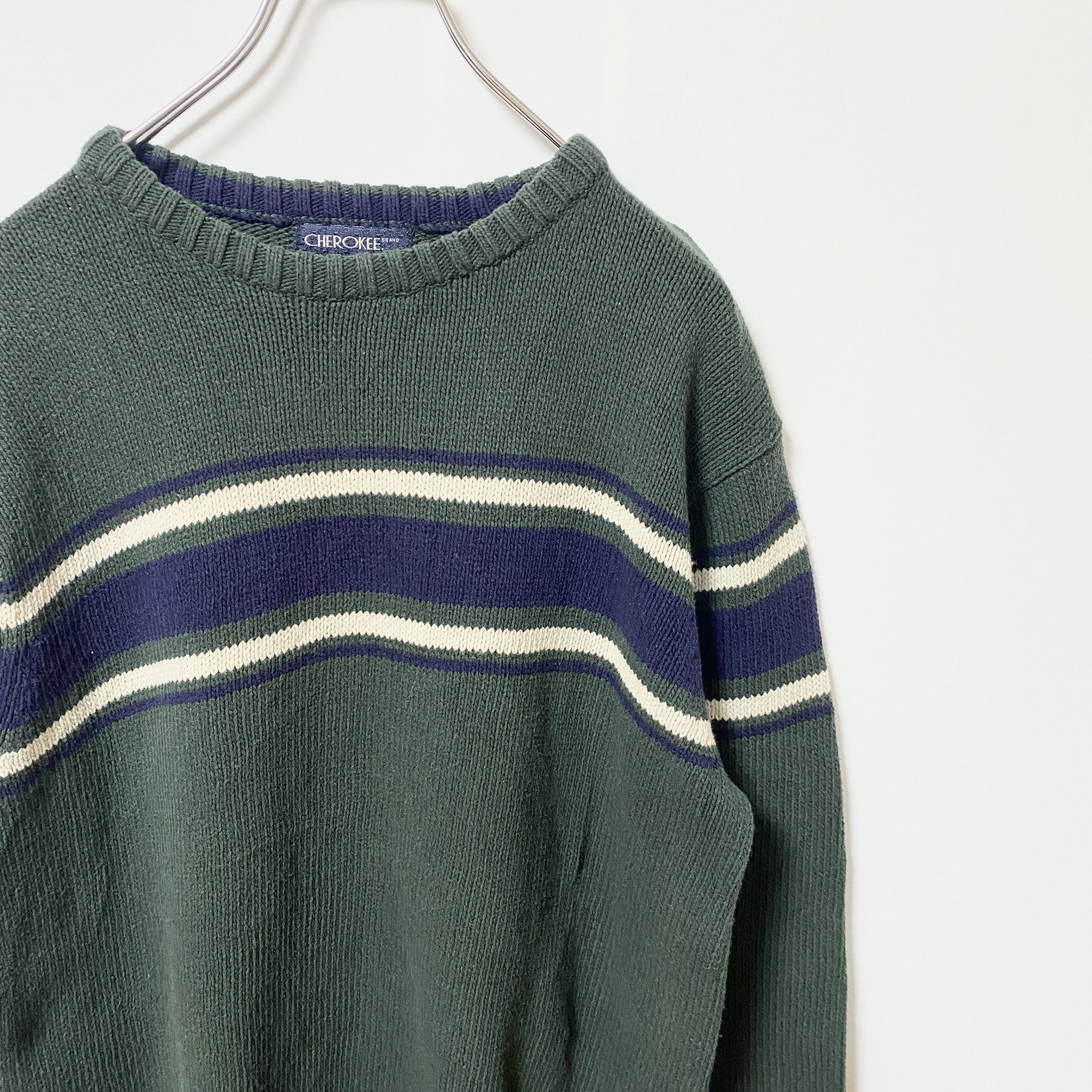 CHEROKEE　チェロキー　長袖クルーネックニット　セーター　ラインデザイン　緑　グリーン　秋冬服　Lサイズ　古着