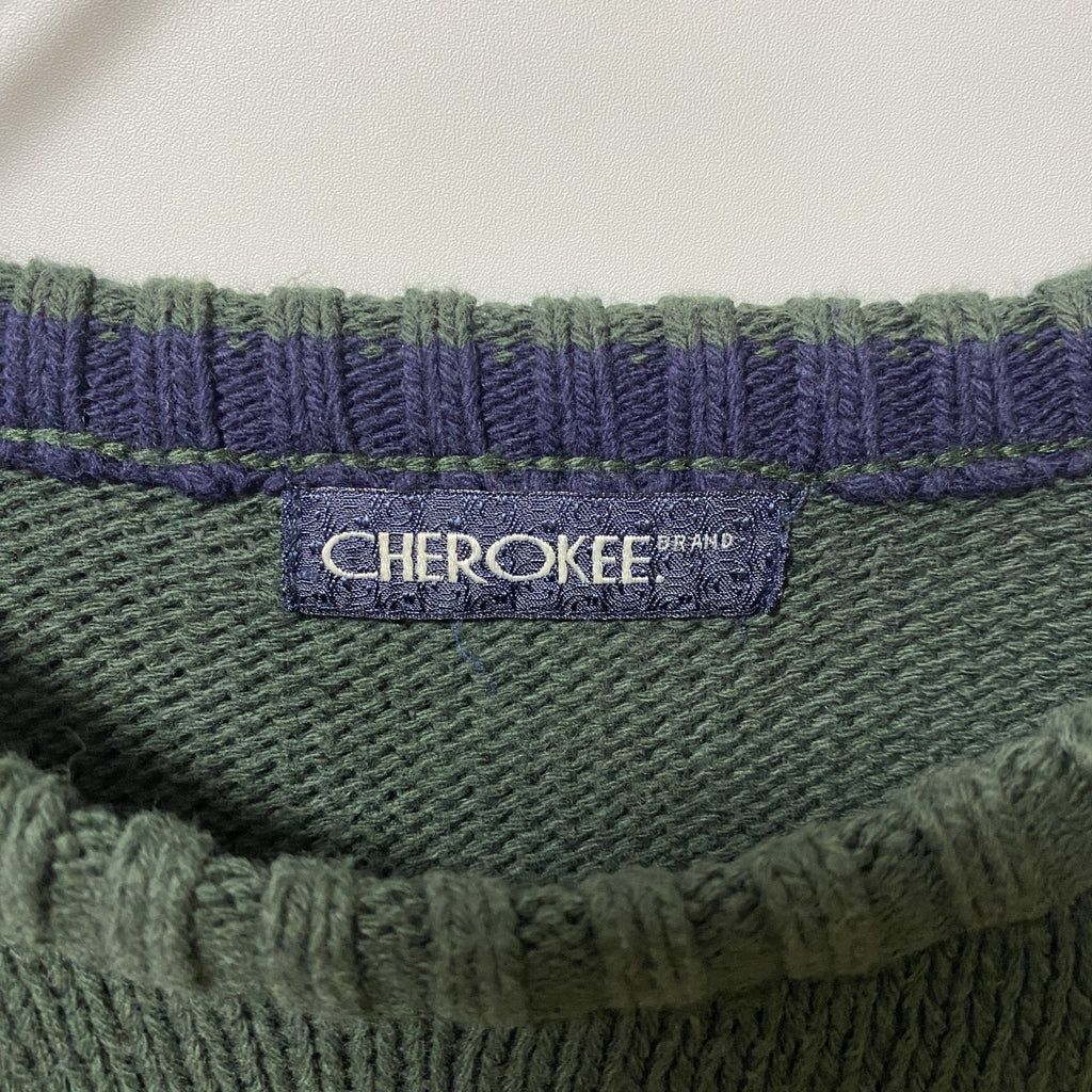 CHEROKEE　チェロキー　長袖クルーネックニット　セーター　ラインデザイン　緑　グリーン　秋冬服　Lサイズ　古着