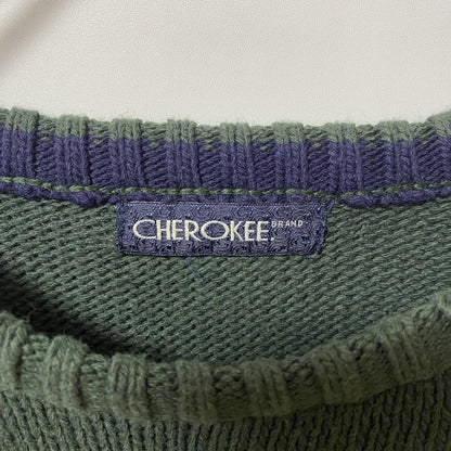 古着 used　CHEROKEE　長袖クルーネックニット　セーター　デザイン　ライン　緑　グリーン　秋冬服　Lサイズ