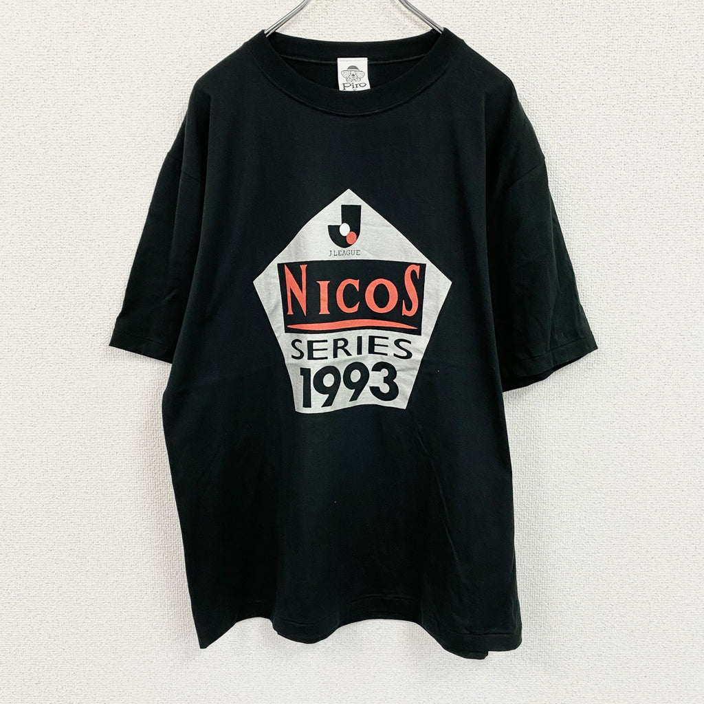 古着 used　90s　piro　Jリーグ　NICOSシリーズ　半袖プリントTシャツ　シングルステッチ　黒　ブラック　Fサイズ