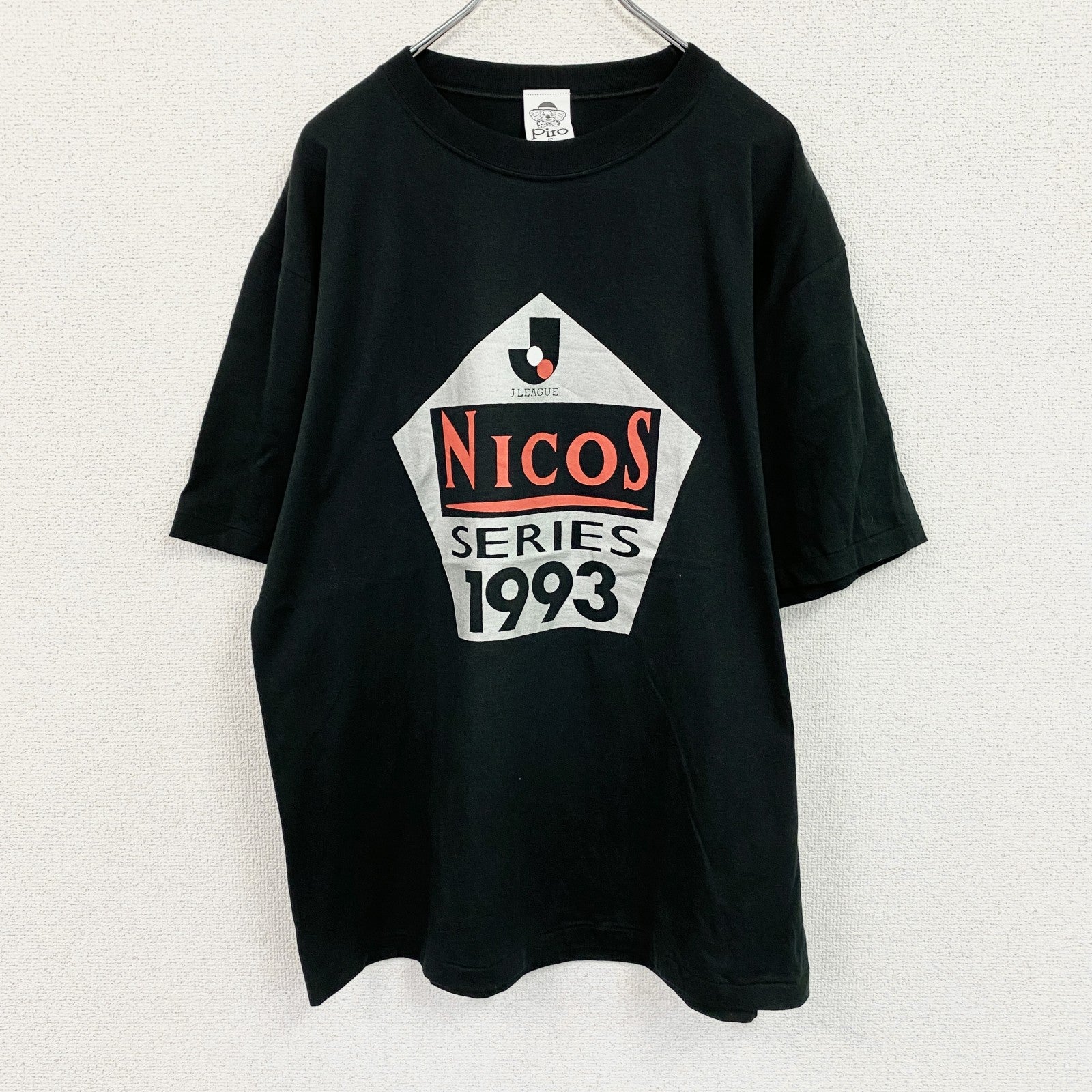古着 used　90s　piro　Jリーグ　NICOSシリーズ　半袖プリントTシャツ　シングルステッチ　黒　ブラック　Fサイズ