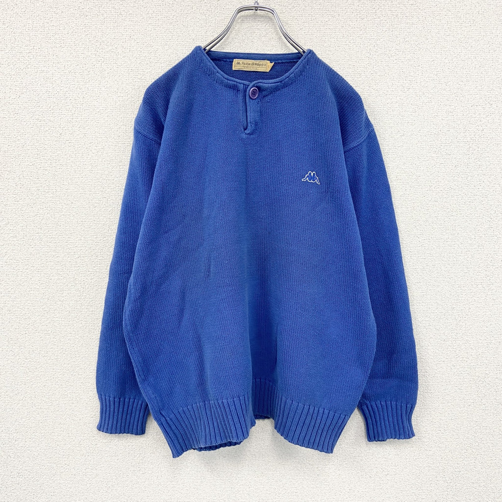 ～90s　Robe di Kappa　ロベディカッパ　コットンニットセーター　ヴィンテージ　ヘンリーネック　青　ブルー　古着