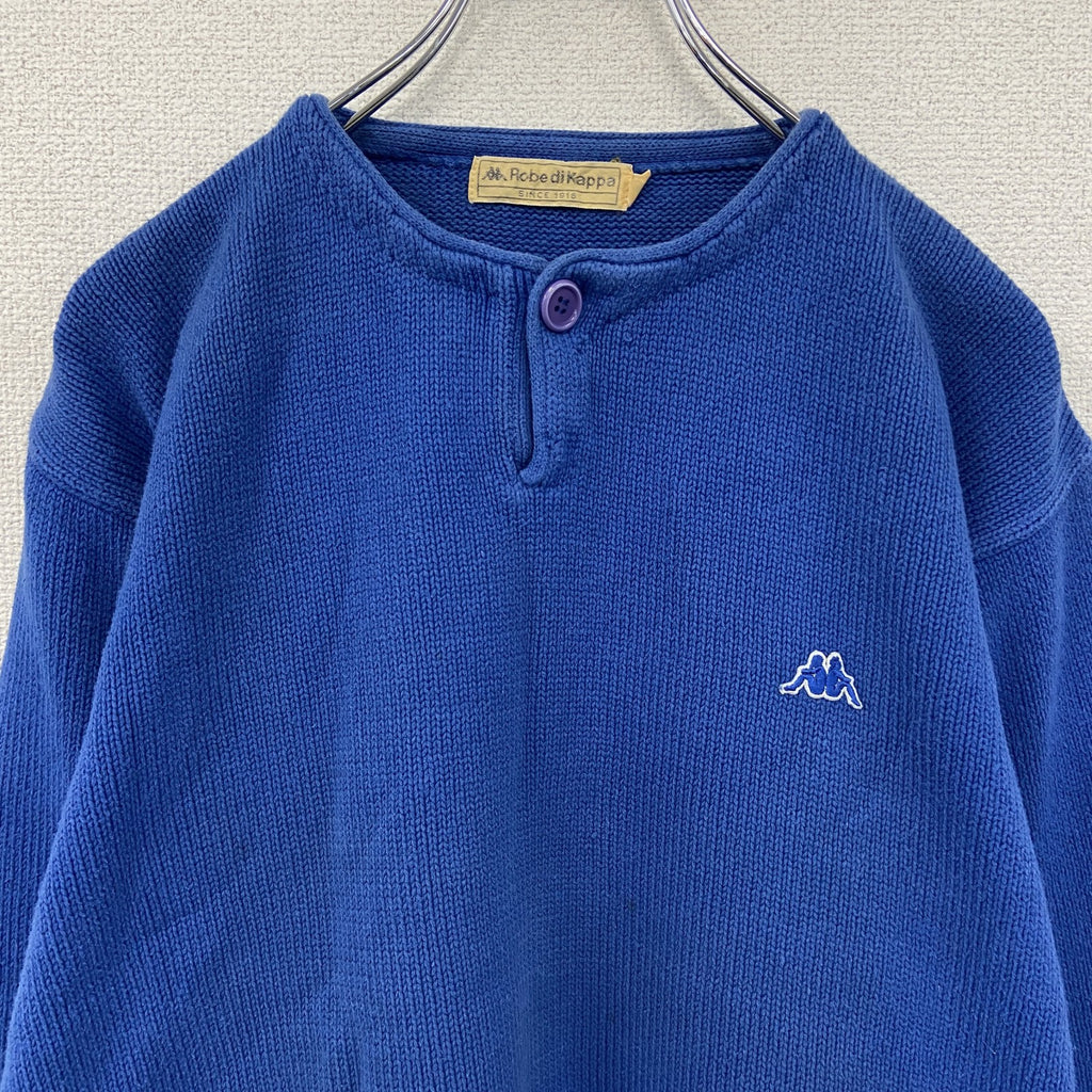 ～90s　Robe di Kappa　ロベディカッパ　コットンニットセーター　ヴィンテージ　ヘンリーネック　青　ブルー　古着