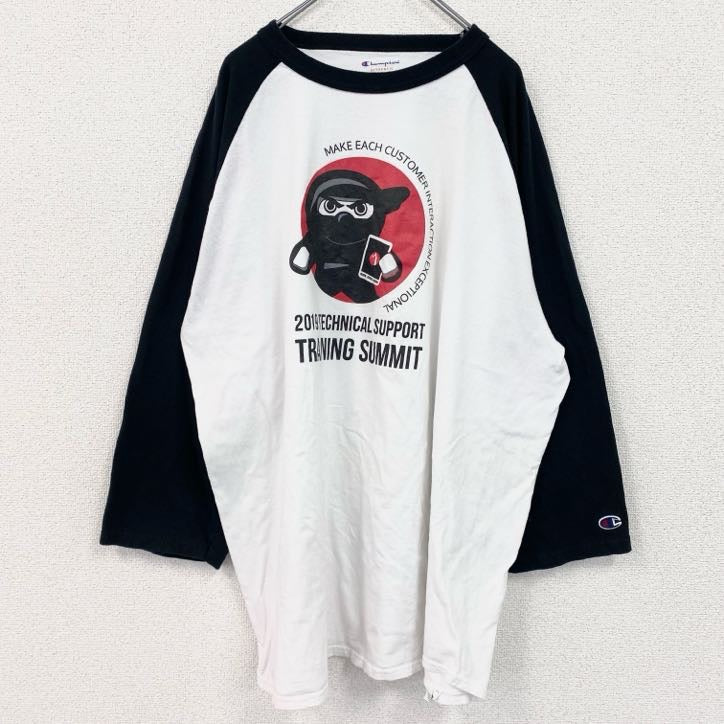 champion　チャンピオン　七分丈プリントTシャツ　ラグラン　クルーネック　黒　ブラック　白　ホワイト　XXXLサイズ　　古着
