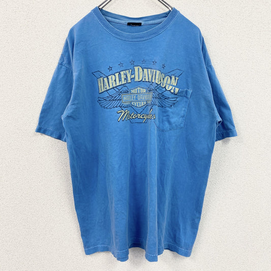 HARLEY DAVIDSON　ハーレーダビッドソン　半袖両面プリントTシャツ　ポケT　水色　ライトブルー