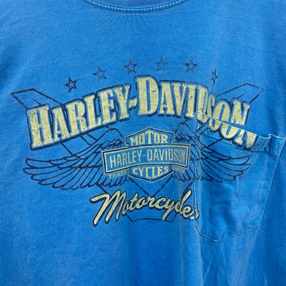 HARLEY DAVIDSON　ハーレーダビッドソン　半袖両面プリントTシャツ　ポケT　水色　ライトブルー