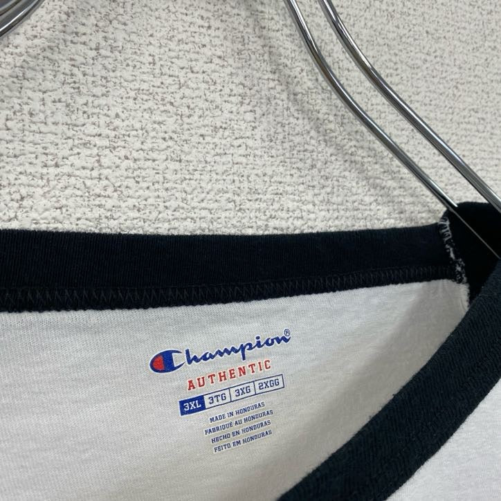 champion　チャンピオン　七分丈プリントTシャツ　ラグラン　クルーネック　黒　ブラック　白　ホワイト　XXXLサイズ　　古着