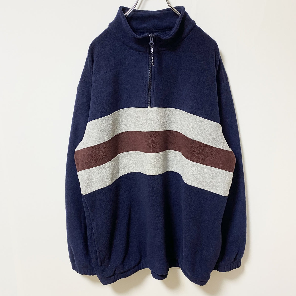 ～90s　BOCA CLASSICS　ハーフジップフリースプルオーバー　ライン　ハイネック　ネイビー　紺　Lサイズ　　ヴィンテージ　古着