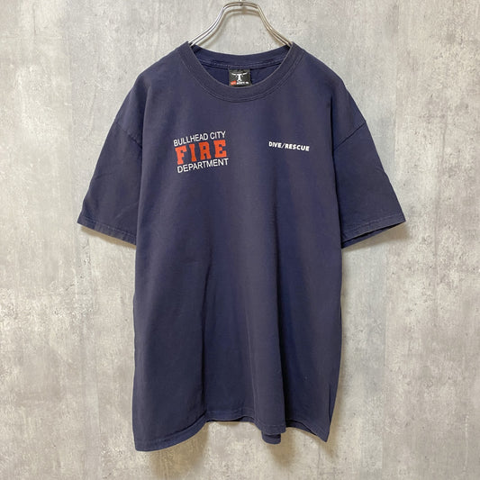 古着 used　BEEFY　FIRE　RESCUE　半袖プリントTシャツ　バックプリント　ネイビー　紺　レトロデザイン　Lサイズ