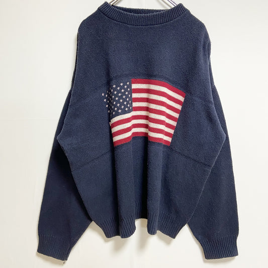 古着 used　STARSANDSTRIPES　USA製　長袖クルーネックニット　セーター　アメリカ国旗　ネイビー　XXLサイズ