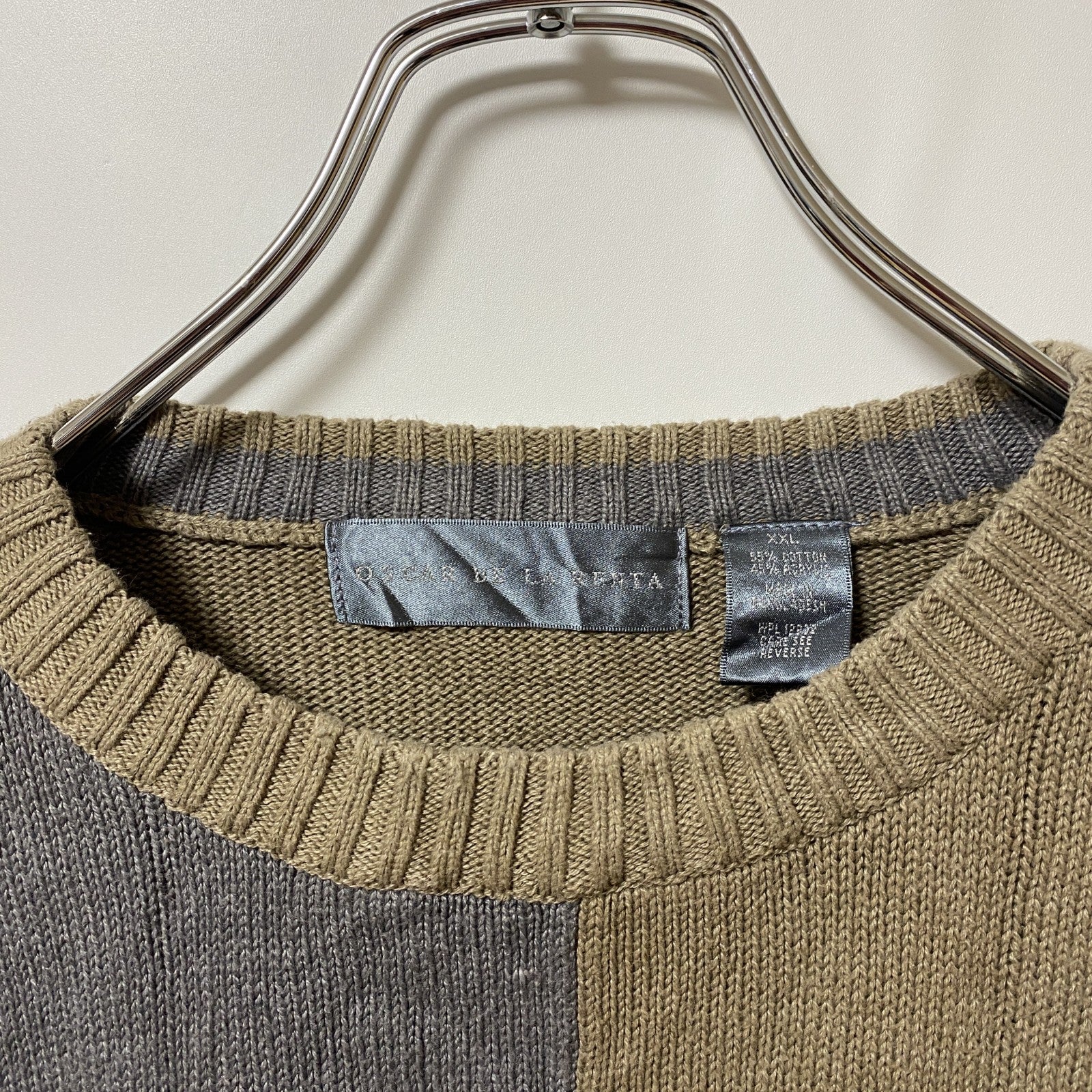 ～90s　ブロックチェック柄コットンニットセーター　ヴィンテージ　茶色　ブラウン　ベージュ　XXLサイズ　古着