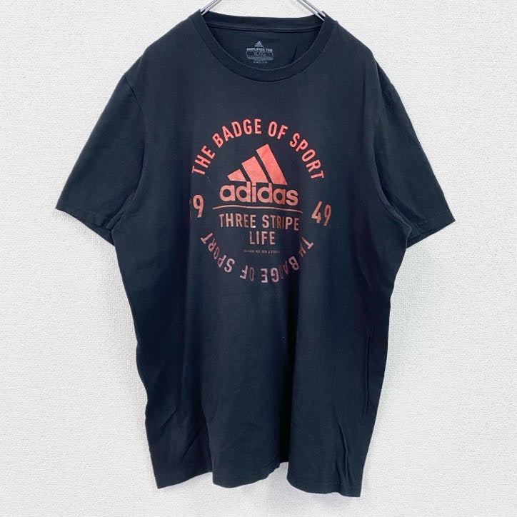 adidas　アディダス　半袖プリントTシャツ　クルーネック　レトロデザイン　黒　ブラック　XLサイズ　古着