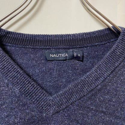 古着 used　NAUTICA　ノーティカ　長袖ワンポイントロゴ刺繍ニット　セーター　ネイビー　紺　ノームコア　レトロ　XLサイズ