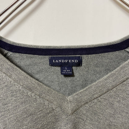 古着 used　LANDS’END　ランズエンド　長袖無地ニット　セーター　Vネック　グレー　ノームコア　シンプル　Lサイズ